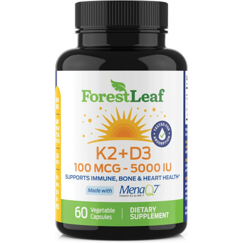 ForestLeaf Вітамін D3 + K2 (MK7) Добавка - MenaQ7 - Кальцій і вітамін D3 5000 МО Максимальна абсорбція - Зміцнення зубів і кісток, здоров'я серця, підтримка імунної системи - 60 вегетаріанських капсул ForestLeaf Вітамін D3 + K2 (MK7) Добавка - MenaQ7 - Кальцій і вітамін D3 5000 МО Максимальна абсорбція - Зміцнення зубів і кісток, здоров'я серця, підтримка імунної системи - 60 вегетаріанських капсул