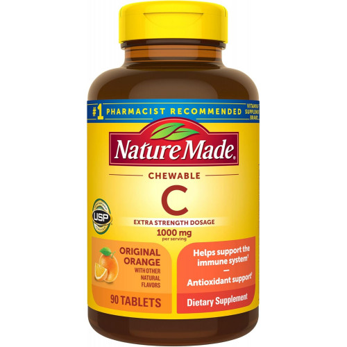 Nature Made Extra Strength Dosage Chewable Вітамін С 1000 мг на порцію, дієтична добавка для підтримки імунітету, 90 таблеток, запас на 45 днів Nature Made Extra Strength Dosage Chewable Вітамін С 1000 мг на порцію, дієтична добавка для підтримки імунітету, 90 таблеток, запас на 45 днів