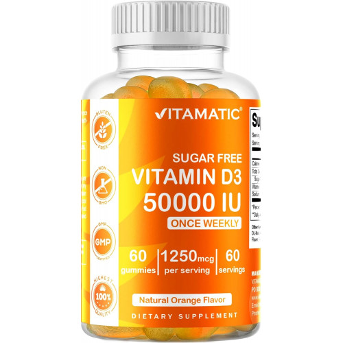 Vitamatic Вітамін D3 без цукру 50 000 МО щотижня - 60 жуйок на основі пектину - Капсули вітаміну D для кісток, зубів і підтримки імунітету Vitamatic Вітамін D3 без цукру 50 000 МО щотижня - 60 жуйок на основі пектину - Капсули вітаміну D для кісток, зубів і підтримки імунітету