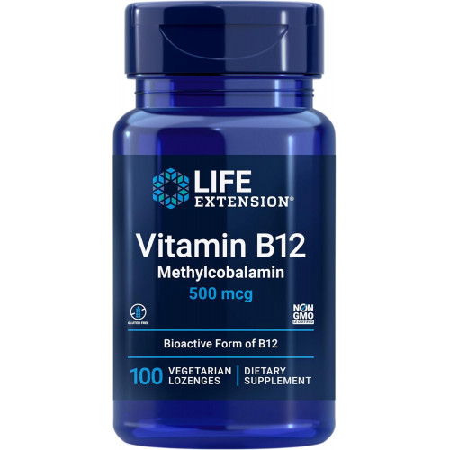 Life Extension Вітамін B12 Метилкобаламін 500 мкг - Вітамін B12 добавка для загальної енергії та здоров'я мозку - Вегетаріанські пастилки без цукру розчиняються у роті - Раз на день - 100 шт. Life Extension Вітамін B12 Метилкобаламін 500 мкг - Вітамін B12 добавка для загальної енергії та здоров'я мозку - Вегетаріанські пастилки без цукру розчиняються у роті - Раз на день - 100 шт.