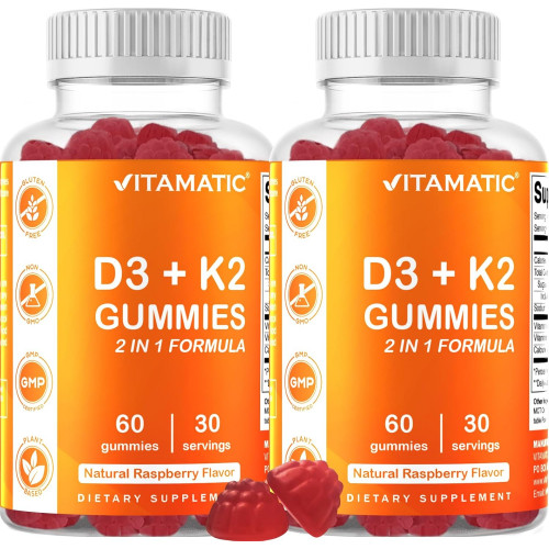 Vitamatic 2 Pack Vitamin D3 K2 Gummies - 60 Counts - Підтримує здорові кістки, серце і кальцій, засвоєння кальцію та здоров'я імунітету - На рослинній основі, без ГМО, без глютену Vitamatic 2 Pack Vitamin D3 K2 Gummies - 60 Counts - Підтримує здорові кістки, серце і кальцій, засвоєння кальцію та здоров'я імунітету - На рослинній основі, без ГМО, без глютену