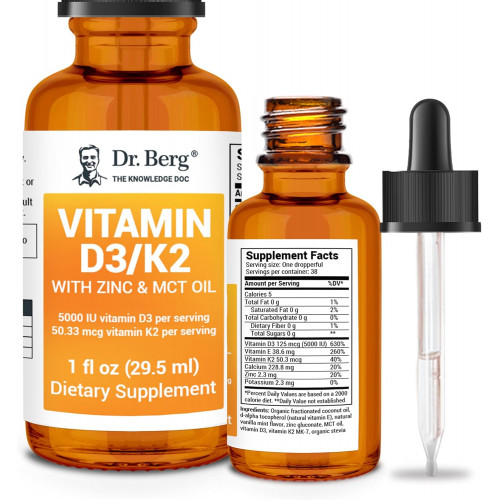 Dr. Berg Liquid Vitamin D3 & K2 Supplement - Для кісток, зубів, настрою та імунного здоров'я - Вітамін D3 і K2 у краплях для дорослих - 1 рідка унція