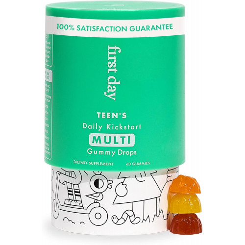 ПЕРШИЙ ДЕНЬ Teens Daily Kickstart Multivitamin Gummies для віком від 14 років – вітаміни A, B1, B2, B6, E, B12, C, D3 і K2 + цинк і фолієва кислота – виготовлено з органічних фруктів і овочів, лише 2 г цукру – 30-денний запас
