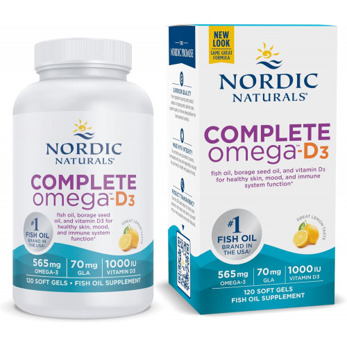 Nordic Naturals Complete Omega-D3, зі смаком лимона - 120 м'яких гелів - 565 мг Омега-3 + 70 мг GLA + 1000 МО вітаміну D3 - EPA та DHA - Здорова шкіра та суглоби, пізнання, позитивний настрій - Без ГМО - 60 порцій Nordic Naturals Complete Omega-D3, зі смаком лимона - 120 м'яких гелів - 565 мг Омега-3 + 70 мг GLA + 1000 МО вітаміну D3 - EPA та DHA - Здорова шкіра та суглоби, пізнання, позитивний настрій - Без ГМО - 60 порцій