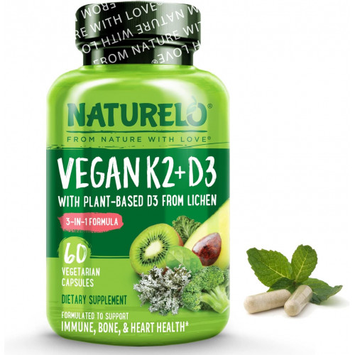 NATURELO Vegan K2+D3 - D3 на рослинній основі з лишайників - Натуральна добавка D3 для імунної системи, підтримки кісток, здоров'я суглобів - Повноцінна їжа - Веганська - Без ГМО - Без глютену, капсула (60 штук (упаковка по 1)) NATURELO Vegan K2+D3 - D3 на рослинній основі з лишайників - Натуральна добавка D3 для імунної системи, підтримки кісток, здоров'я суглобів - Повноцінна їжа - Веганська - Без ГМО - Без глютену, капсула (60 штук (упаковка по 1))