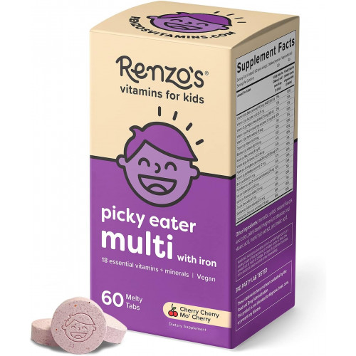 Renzo's Picky Eater Kids Multivitamin with Iron - Розчинні дитячі вітаміни з вітамінами D3 і K2 і багато іншого - 60 розплавлених таблеток без цукру, зі смаком Cherry Cherry Mo’ Cherry Renzo's Picky Eater Kids Multivitamin with Iron - Розчинні дитячі вітаміни з вітамінами D3 і K2 і багато іншого - 60 розплавлених таблеток без цукру, зі смаком Cherry Cherry Mo’ Cherry