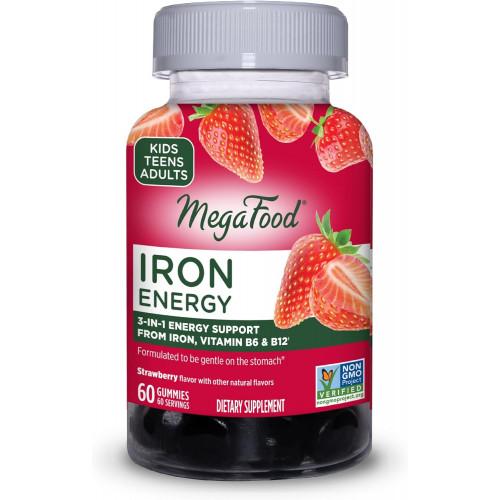 MegaFood Iron Energy Gummies - веганська та безглютенова добавка заліза для жінок, чоловіків, підлітків і дітей з вітамінами B12 і B6 від The Makers of Blood Builder Iron Supplement, зі смаком полуниці - 60 жуйок MegaFood Iron Energy Gummies - веганська та безглютенова добавка заліза для жінок, чоловіків, підлітків і дітей з вітамінами B12 і B6 від The Makers of Blood Builder Iron Supplement, зі смаком полуниці - 60 жуйок