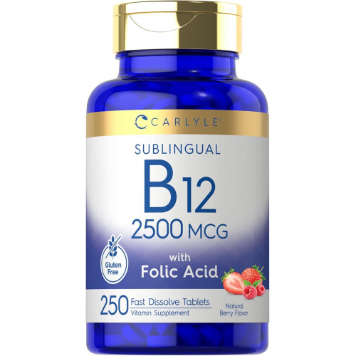 Carlyle Vitamin B12 сублінгвальний 2500 мкг | 250 швидкорозчинних таблеток | Добавка ціанокобаламіну з фолієвою кислотою для дорослих | Натуральний ягідний смак | Вегетаріанське, без ГМО та без глютену Carlyle Vitamin B12 сублінгвальний 2500 мкг | 250 швидкорозчинних таблеток | Добавка ціанокобаламіну з фолієвою кислотою для дорослих | Натуральний ягідний смак | Вегетаріанське, без ГМО та без глютену