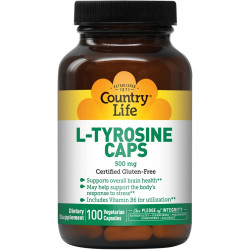 Country Life L-Tyrosine Caps, підтримує загальне здоров’я мозку, 500 мг, 100 вегетаріанських капсул, сертифікований безглютеновий сертифікований вегетаріанець, сертифікований халяльний