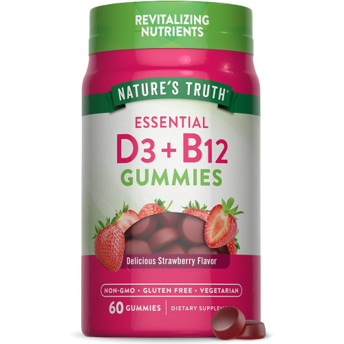 Жувальні цукерки Nature's Truth Вітамін D3 і B12 | 60 граф | Смак полуниці | Вегетаріанська добавка без ГМО та глютену Жувальні цукерки Nature's Truth Вітамін D3 і B12 | 60 граф | Смак полуниці | Вегетаріанська добавка без ГМО та глютену