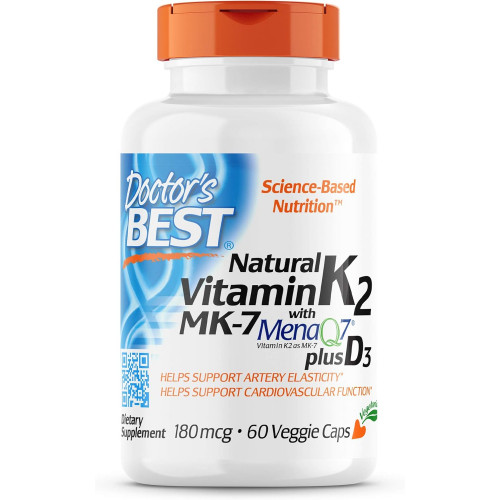 Doctor's Best Natural Vitamin K2 with MK-7, 180 мкг плюс D3 1000 МО, без ГМО, без глютену, вегетаріанський, без сої, 60 вегетаріанських капсул Doctor's Best Natural Vitamin K2 with MK-7, 180 мкг плюс D3 1000 МО, без ГМО, без глютену, вегетаріанський, без сої, 60 вегетаріанських капсул