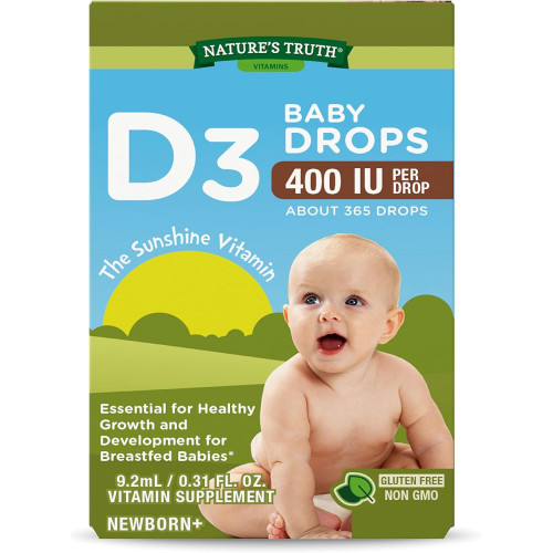 Краплі Nature's Truth Vitamin D для немовлят | 400 МО | 9,2 мл | D3 краплі для дітей | Вегетаріанська добавка без ГМО, без глютену Краплі Nature's Truth Vitamin D для немовлят | 400 МО | 9,2 мл | D3 краплі для дітей | Вегетаріанська добавка без ГМО, без глютену
