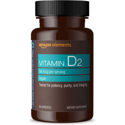 Вітамін D2 Amazon Elements 2000 МО, веганський, 65 капсул, підтримує міцні кістки та здоров’я імунітету, запас на 2 місяці (упаковка може відрізнятися)