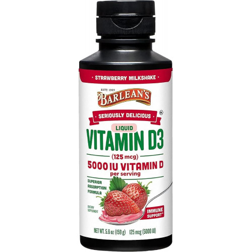 Barlean's Liquid Vitamin D, 5000 МО D3, полуничний молочний коктейль для дітей і дорослих, максимальне поглинання, без ГМО, без глютену - 5,6 унції Barlean's Liquid Vitamin D, 5000 МО D3, полуничний молочний коктейль для дітей і дорослих, максимальне поглинання, без ГМО, без глютену - 5,6 унції