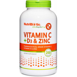 NutriBiotic – вітамін С + вітамін D3 і цинк, 250 капсул | Потужна комплексна підтримка імунітету | Основні та антиоксидантні щоденні добавки | Без глютену та ГМО