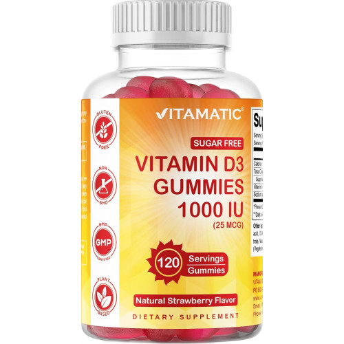 Vitamatic Без цукру, вітаміну D3-120 Жукальні цукерки на основі пектину - Чудовий смак - Здорові кістки, настрій і функція імунної системи - Без ГМО - 120 порцій (1000 МО) Vitamatic Без цукру, вітаміну D3-120 Жукальні цукерки на основі пектину - Чудовий смак - Здорові кістки, настрій і функція імунної системи - Без ГМО - 120 порцій (1000 МО)