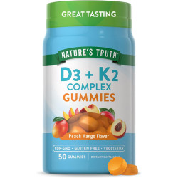 Nature's Truth Vitamin K2 + D3 Gummy Complex | 50 граф | Вегетаріанська добавка без ГМО та глютену | Смак персика і манго