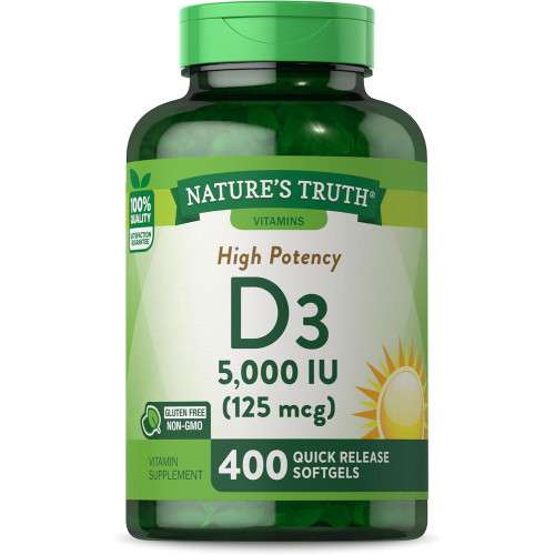 Nature's Truth Vitamin D3 5000 МО | 400 капсул | Висока потенція | Добавка без ГМО та глютену Nature's Truth Vitamin D3 5000 МО | 400 капсул | Висока потенція | Добавка без ГМО та глютену