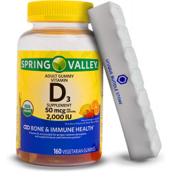 Spring Valley, жувальні цукерки з вітаміном D3, USDA Organic, вітамін D3 2000 МО, вегетаріанські жувальні цукерки, асорті з фруктів, 50 мкг, 160 штук + 7-денний органайзер для таблеток (упаковка з 1)