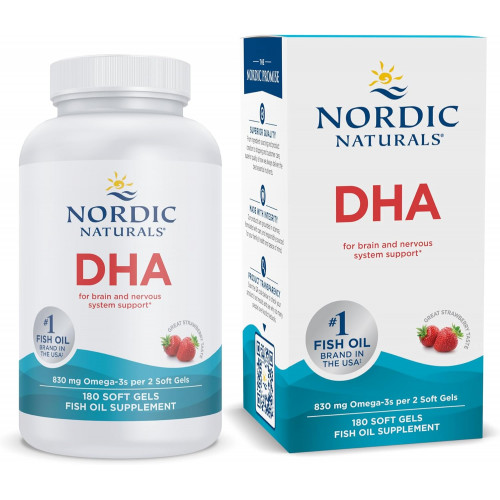 Nordic Naturals DHA, полуниця - 180 м'яких гелів - 830 мг Омега-3 - Високоінтенсивна формула DHA для підтримки мозку та нервової системи - Без ГМО - 90 порцій Nordic Naturals DHA, полуниця - 180 м'яких гелів - 830 мг Омега-3 - Високоінтенсивна формула DHA для підтримки мозку та нервової системи - Без ГМО - 90 порцій