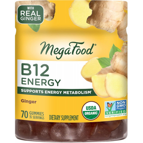 MegaFood Energy Gummies з вітаміном B12 - Vegan - З вітамінами метил B12 для підтримки клітинної енергії - Імбир - Щоденна добавка з вітаміном B12 - USDA Organic - 70 Gummies, 35 порцій MegaFood Energy Gummies з вітаміном B12 - Vegan - З вітамінами метил B12 для підтримки клітинної енергії - Імбир - Щоденна добавка з вітаміном B12 - USDA Organic - 70 Gummies, 35 порцій