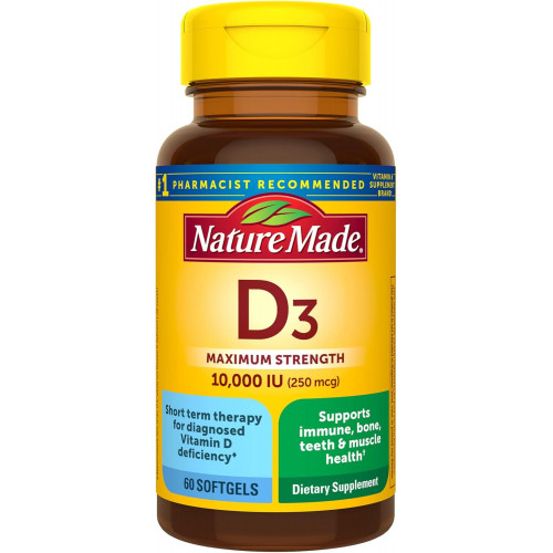 Nature Made Maximum Strength Vitamin D3 10000 МО (250 мкг), дієтична добавка для підтримки здоров’я кісток, зубів, м’язів та імунітету, 60 м’яких капсул, 60-денний запас Nature Made Maximum Strength Vitamin D3 10000 МО (250 мкг), дієтична добавка для підтримки здоров’я кісток, зубів, м’язів та імунітету, 60 м’яких капсул, 60-денний запас