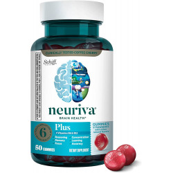 NEURIVA Plus Brain Supplement для пам’яті, зосередженості та концентрації+когнітивних функцій з вітамінами B6 і B12 і клінічно перевіреними ноотропами, фосфатидилсерином і нейрофактором, 50 каратними полуничними цукерками