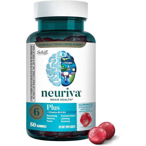 NEURIVA Plus Brain Supplement для пам’яті, зосередженості та концентрації+когнітивних функцій з вітамінами B6 і B12 і клінічно перевіреними ноотропами, фосфатидилсерином і нейрофактором, 50 каратними полуничними цукерками NEURIVA Plus Brain Supplement для пам’яті, зосередженості та концентрації+когнітивних функцій з вітамінами B6 і B12 і клінічно перевіреними ноотропами, фосфатидилсерином і нейрофактором, 50 каратними полуничними цукерками