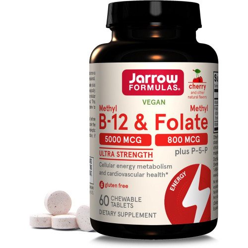 Jarrow Formulas Ultra Strength Methyl B-12 5000 мкг & Methyl Folate 800 мкг + P-5-P, дієтична добавка для метаболізму клітинної енергії та підтримки серцево-судинної системи, 60 жувальних таблеток, запас на 60 днів Jarrow Formulas Ultra Strength Methyl B-12 5000 мкг & Methyl Folate 800 мкг + P-5-P, дієтична добавка для метаболізму клітинної енергії та підтримки серцево-судинної системи, 60 жувальних таблеток, запас на 60 днів