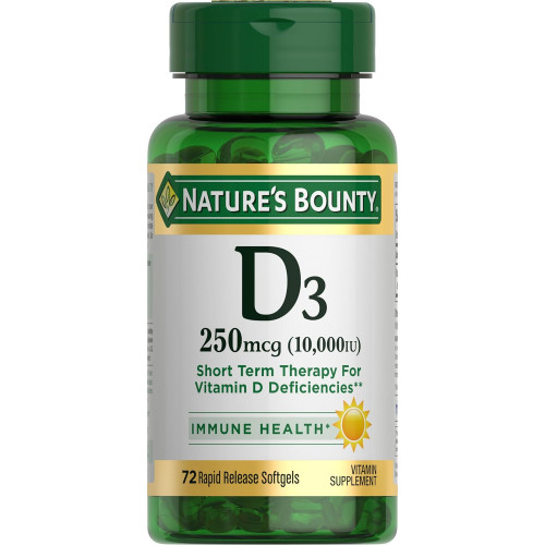 Вітамін D від Nature's Bounty для підтримки імунітету та зміцнення кісток, 10000 МО, м’які капсули, різнокольорові, 10 000 МО, 72 штуки (1 упаковка) Вітамін D від Nature's Bounty для підтримки імунітету та зміцнення кісток, 10000 МО, м’які капсули, різнокольорові, 10 000 МО, 72 штуки (1 упаковка)