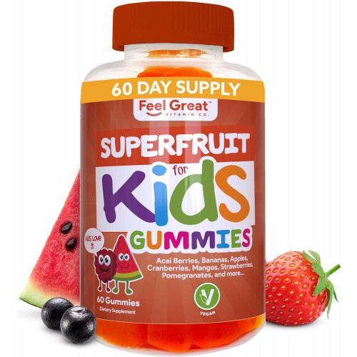 Feel Great Superfruit Gummies для дітей | Веганські дитячі мультивітамінні цукерки для оптимального здоров’я та підтримки імунітету | Фруктова добавка з фруктовим смаком Gummies | Без желатину | Запас на 60 днів