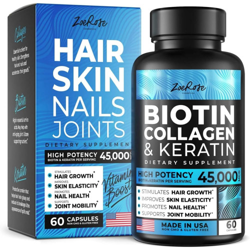 ZoeRose Biotin Collagen & Keratin Capsules - Вітаміни для волосся, шкіри та нігтів, колагенові добавки для росту волосся та підтримки рухливості суглобів з вітамінами A, D, B6 та B12 - Зроблено в США - 60 капсул ZoeRose Biotin Collagen & Keratin Capsules - Вітаміни для волосся, шкіри та нігтів, колагенові добавки для росту волосся та підтримки рухливості суглобів з вітамінами A, D, B6 та B12 - Зроблено в США - 60 капсул