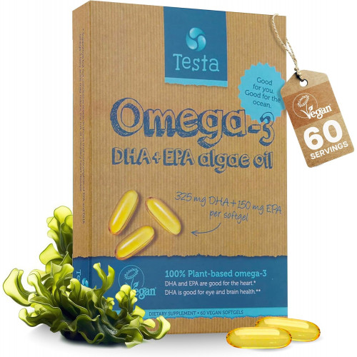 Добавка Testa Omega-3 - Веганські капсули Омега 3 DHA EPA з водоростей - Омега 3 жирні кислоти - Підтримують здоров'я серця, мозку та суглобів - Пластиковий негатив, RTG і кошерний - запас на два місяці Добавка Testa Omega-3 - Веганські капсули Омега 3 DHA EPA з водоростей - Омега 3 жирні кислоти - Підтримують здоров'я серця, мозку та суглобів - Пластиковий негатив, RTG і кошерний - запас на два місяці