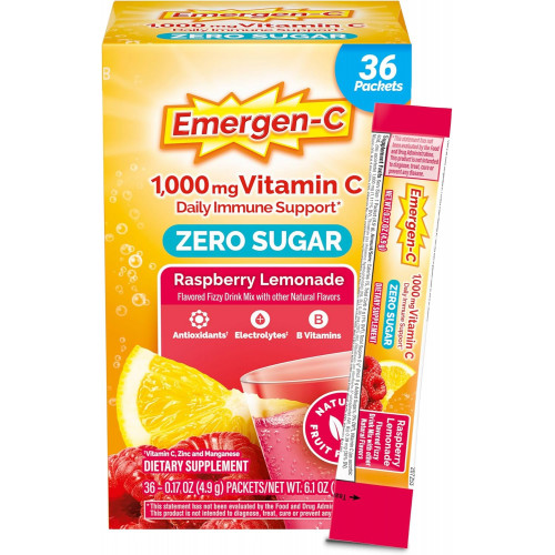 Emergen-C Zero Sugar 1000 мг вітаміну С в порошку для щоденної підтримки імунітету Безкофеїнові добавки вітаміну С з цинком і марганцем, вітамінами групи В та електролітами, смаком малинового лимонаду - 36 шт. Emergen-C Zero Sugar 1000 мг вітаміну С в порошку для щоденної підтримки імунітету Безкофеїнові добавки вітаміну С з цинком і марганцем, вітамінами групи В та електролітами, смаком малинового лимонаду - 36 шт.