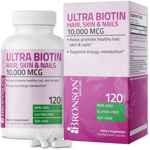 Bronson Ultra Biotin 10 000 мкг Добавка для волосся, шкіри та нігтів, без ГМО, 120 вегетаріанських капсул Bronson Ultra Biotin 10 000 мкг Добавка для волосся, шкіри та нігтів, без ГМО, 120 вегетаріанських капсул