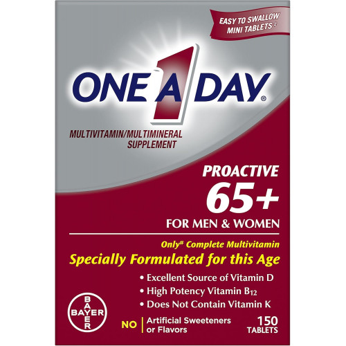 One A Day Proactive 65+, чоловічі та жіночі полівітаміни, добавка з вітаміном A, вітаміном C, вітаміном D і цинком для підтримки імунного здоров’я*, кальцієм, фолієвою кислотою тощо, таблетка 150 шт. One A Day Proactive 65+, чоловічі та жіночі полівітаміни, добавка з вітаміном A, вітаміном C, вітаміном D і цинком для підтримки імунного здоров’я*, кальцієм, фолієвою кислотою тощо, таблетка 150 шт.