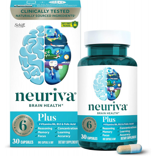 NEURIVA Plus Brain Supplement for Memory and Focus Клінічно протестовані ноотропи для концентрації для розумової ясності, когнітивного покращення Вітаміни B6, B12, фосфатидилсерин 30 капсул