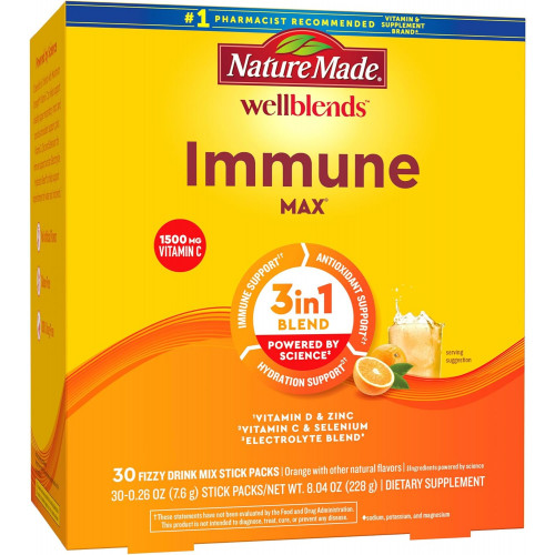 Суміш газованих напоїв Nature Made Wellblends ImmuneMAX, 1500 мг вітаміну С, 15 мг цинку, 1000 МО (25 мкг) вітаміну D3, а також суміш для зволоження вітамінів групи В та електролітів, 30 упаковок у стіках Суміш газованих напоїв Nature Made Wellblends ImmuneMAX, 1500 мг вітаміну С, 15 мг цинку, 1000 МО (25 мкг) вітаміну D3, а також суміш для зволоження вітамінів групи В та електролітів, 30 упаковок у стіках