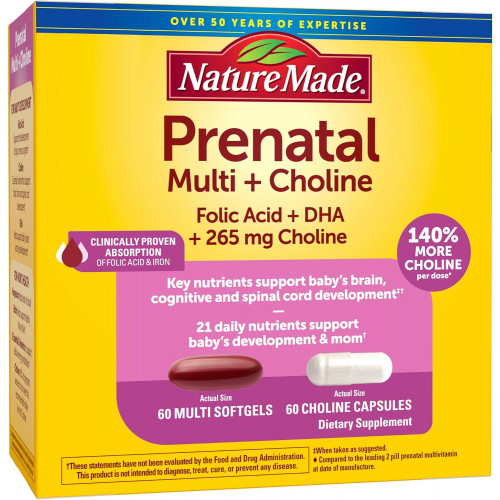 Nature Made Prenatal Vitamin Softgels + холін в капсулах, фолієва кислота + DHA + холін, 60 пренатальних вітамінів для жінок, 60 холінових добавок у капсулах, 60-денний запас Nature Made Prenatal Vitamin Softgels + холін в капсулах, фолієва кислота + DHA + холін, 60 пренатальних вітамінів для жінок, 60 холінових добавок у капсулах, 60-денний запас