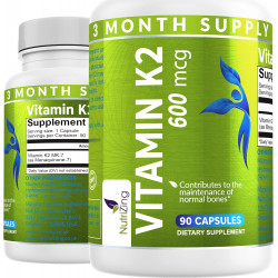 Вітамінна добавка NutriZing K2 MK-7 - Висока міцність 600 мкг - Підтримує здоров'я кісток і артерій - 90 веганських капсул - Вітамін K2 для чоловіків і жінок - Запас на 3 місяці