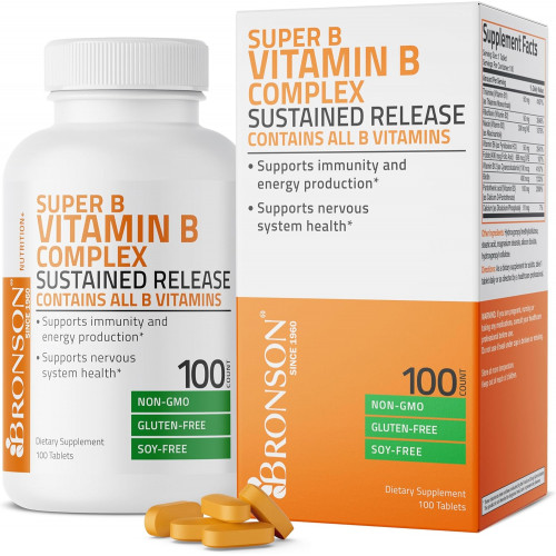 Bronson Super B Vitamin B Complex уповільненого вивільнення (вітамін B1, B2, B3, B6, B9 - фолієва кислота, B12) Містить усі вітаміни групи B 100 таблеток Bronson Super B Vitamin B Complex уповільненого вивільнення (вітамін B1, B2, B3, B6, B9 - фолієва кислота, B12) Містить усі вітаміни групи B 100 таблеток