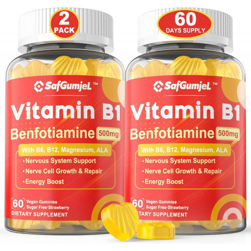 Вітамін B1 Gummies Benfotiamine 500mg - Енергетичний обмін і здорова нервова система - Вітамін B1 B6 B12 Комплекс, біодоступна добавка вітамінів B1, перетворена на активний тіамін, 2 упаковки Вітамін B1 Gummies Benfotiamine 500mg - Енергетичний обмін і здорова нервова система - Вітамін B1 B6 B12 Комплекс, біодоступна добавка вітамінів B1, перетворена на активний тіамін, 2 упаковки