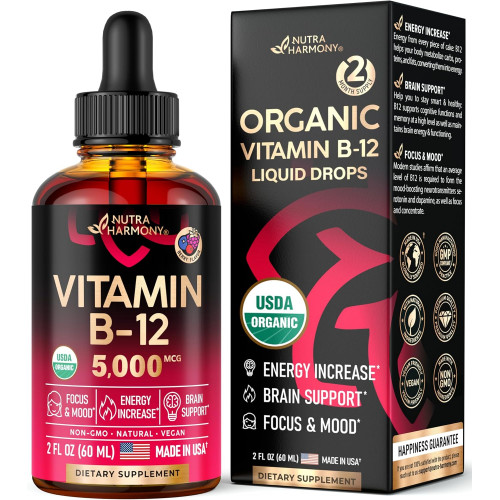 NUTRAHARMONY Organic Vitamin-B12 Supplements Sublingual Drops - Енергія, концентрація та підтримка настрою - Максимальне засвоєння - 2 місяці, 2 рідких унції NUTRAHARMONY Organic Vitamin-B12 Supplements Sublingual Drops - Енергія, концентрація та підтримка настрою - Максимальне засвоєння - 2 місяці, 2 рідких унції