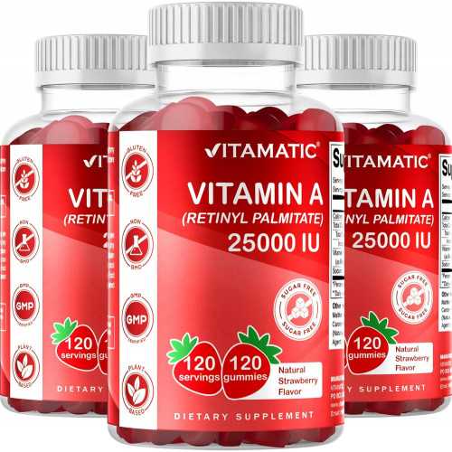 Жукальні цукерки Vitamatic без цукру, вітамін А, 25000 МО (ретинілпальмітат) - натуральний смак полуниці - 120 жуйкових цукерок на основі пектину (1 пляшка) Жукальні цукерки Vitamatic без цукру, вітамін А, 25000 МО (ретинілпальмітат) - натуральний смак полуниці - 120 жуйкових цукерок на основі пектину (1 пляшка)