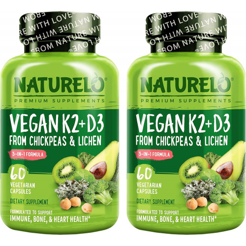 NATURELO Vegan K2+D3 - D3 на рослинній основі з лишайників - Натуральна добавка D3 для імунної системи, підтримки кісток, здоров'я суглобів - Повноцінна їжа - Веганська - Без ГМО - Без глютену (60 штук (2 упаковки)) NATURELO Vegan K2+D3 - D3 на рослинній основі з лишайників - Натуральна добавка D3 для імунної системи, підтримки кісток, здоров'я суглобів - Повноцінна їжа - Веганська - Без ГМО - Без глютену (60 штук (2 упаковки))