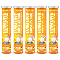nutrazul Immune Шипучі таблетки потрійної дії - Вітамін C 1000 мг, Вітамін D 400 МО, Цинк 10 мг I Апельсин (упаковка 5X20) | Без глютену, без цукру, без лактози та без консервантів
