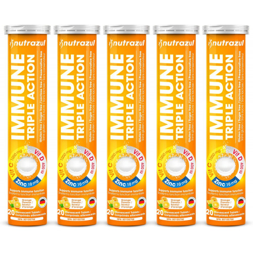 nutrazul Immune Шипучі таблетки потрійної дії - Вітамін C 1000 мг, Вітамін D 400 МО, Цинк 10 мг I Апельсин (упаковка 5X20) | Без глютену, без цукру, без лактози та без консервантів